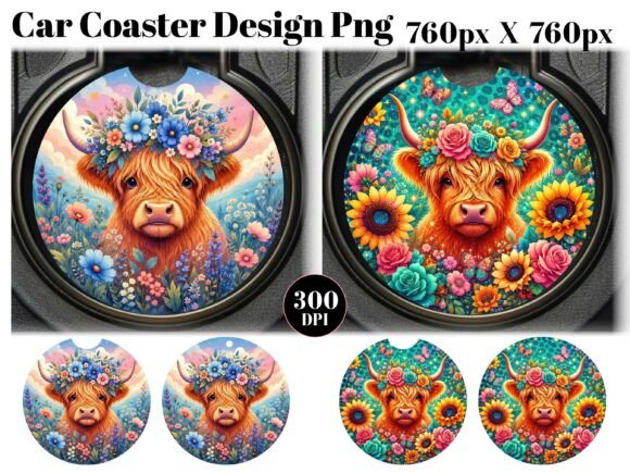 Download Floral Highland Cow Car Coaster PNG - Png Collection