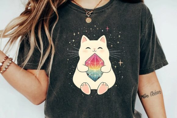 Download Kawaii Celestial White Cat Holding Magic Rainbow Crystal Gemstone Png - Png Collection