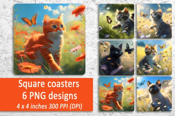 Download Summer Kitty Square Coasters Bundle, Png - Png Collection