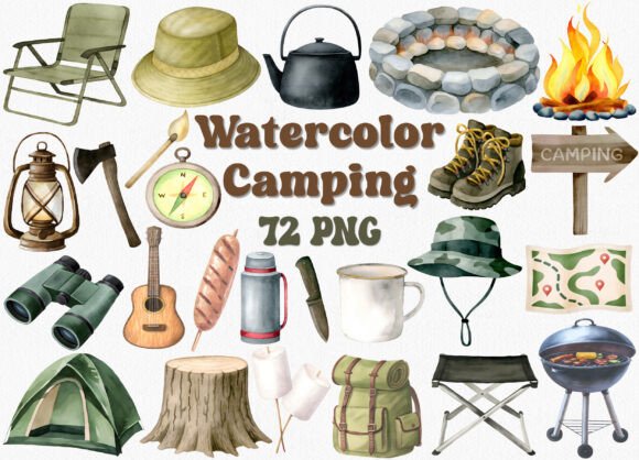Download Watercolor Camping Clipart Set, 72 PNG - Png Collection